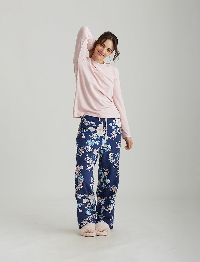 Alice Floral Pant and Feather Soft Top in Navy/Pink
