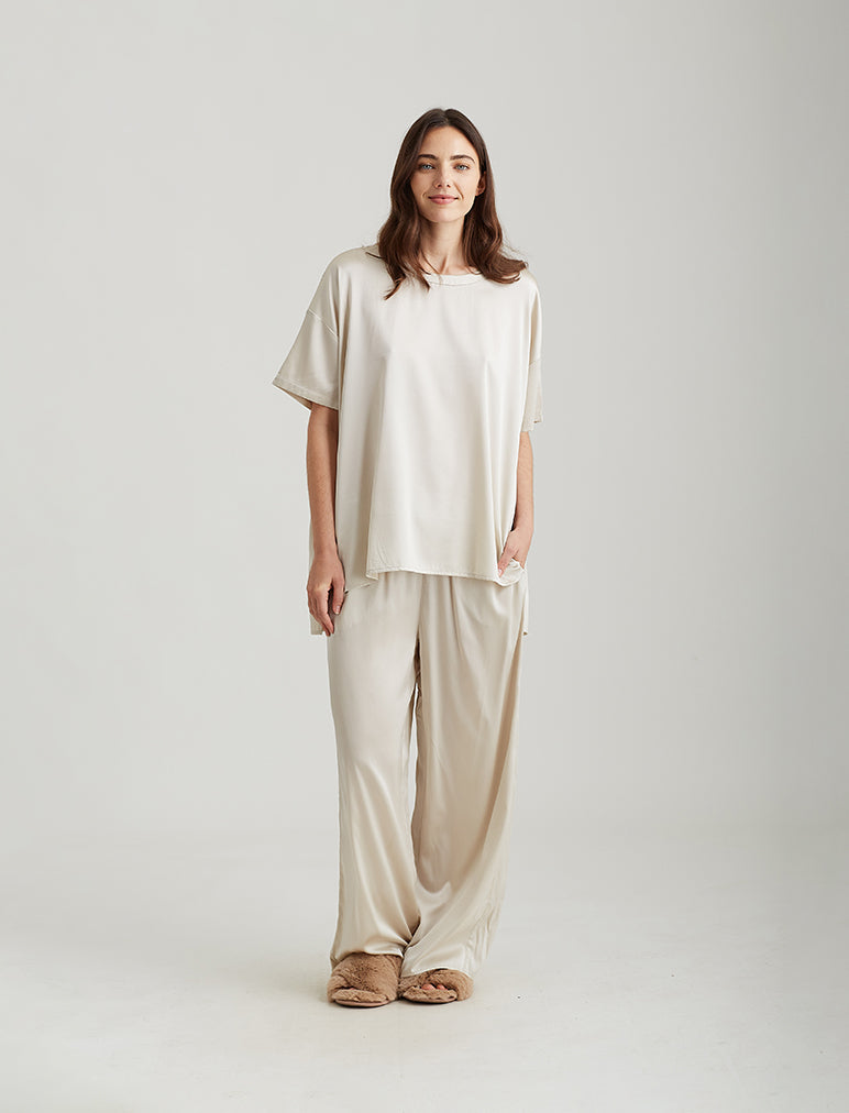 Eloise Stretch Silk Full Length Wide Leg Pant