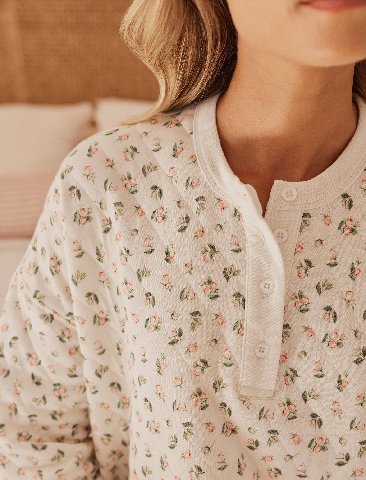 Quilted Cotton Henley Long Sleeve Top