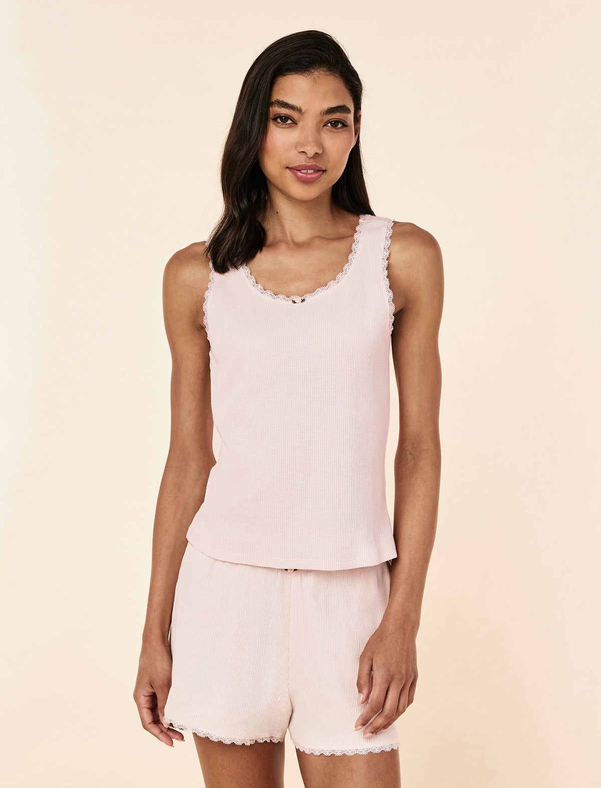 Cece wearing the Claire Soft Cotton Waffle Boxer PJ Set