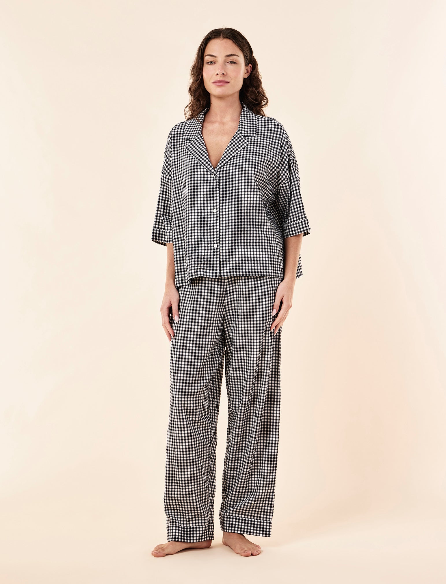 Seersucker Gingham Short Sleeve Shirt and Full Length Pant PJ Set