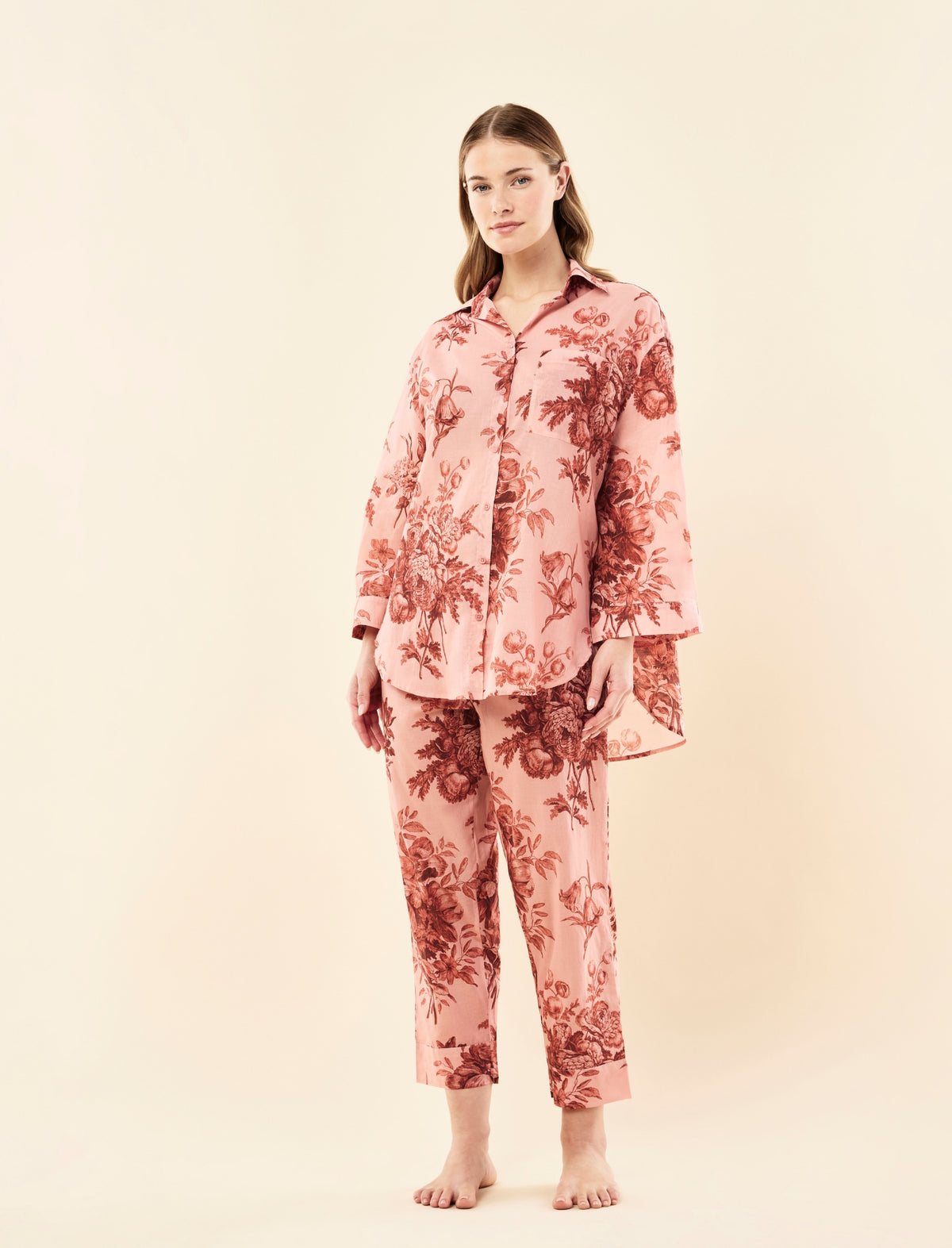 Sianie wearing the Karen Walker Romantic Floral Long Sleeve Crop PJ Set