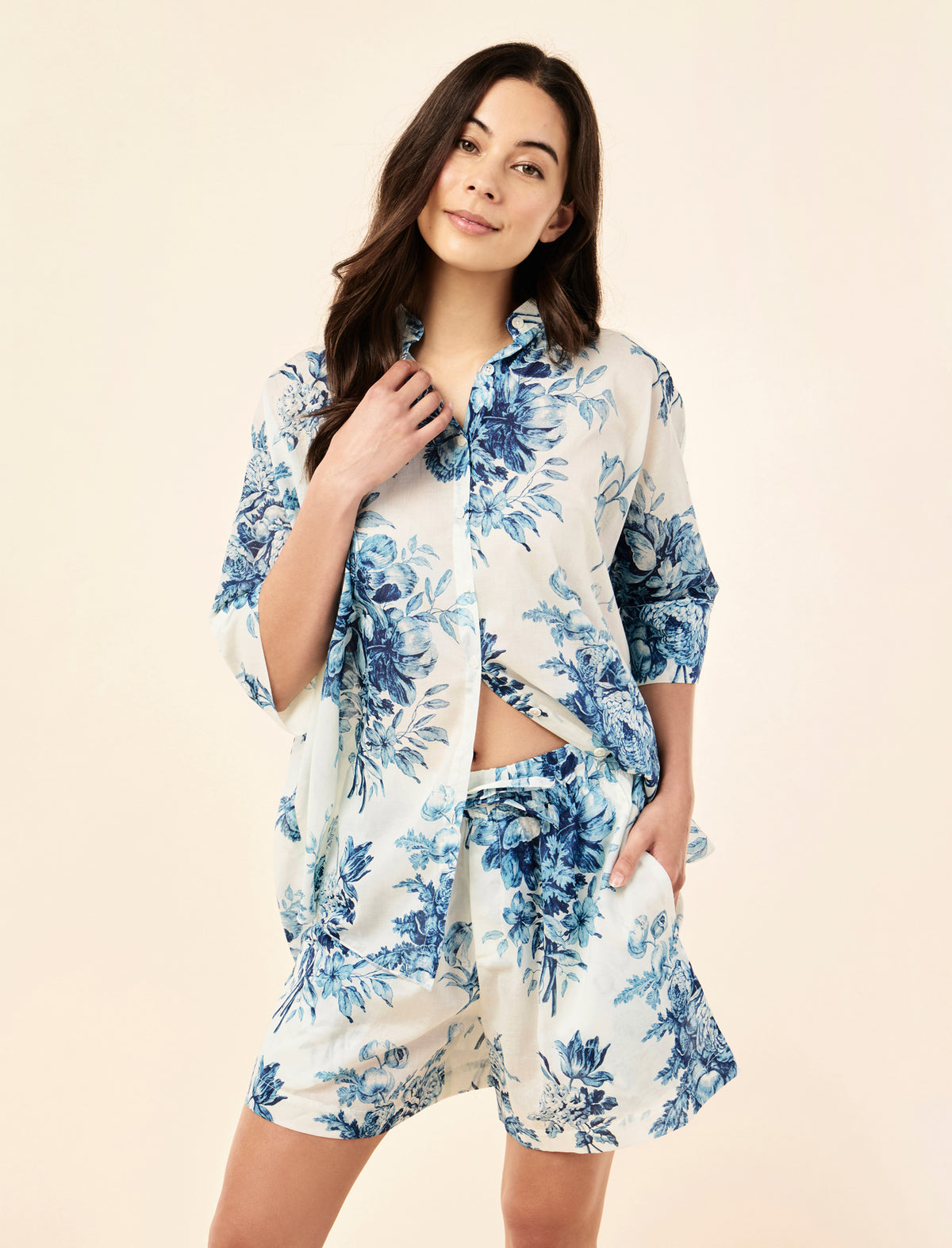 Sakura wearing the Karen Walker Romantic Floral Flowy Boxer PJ Set