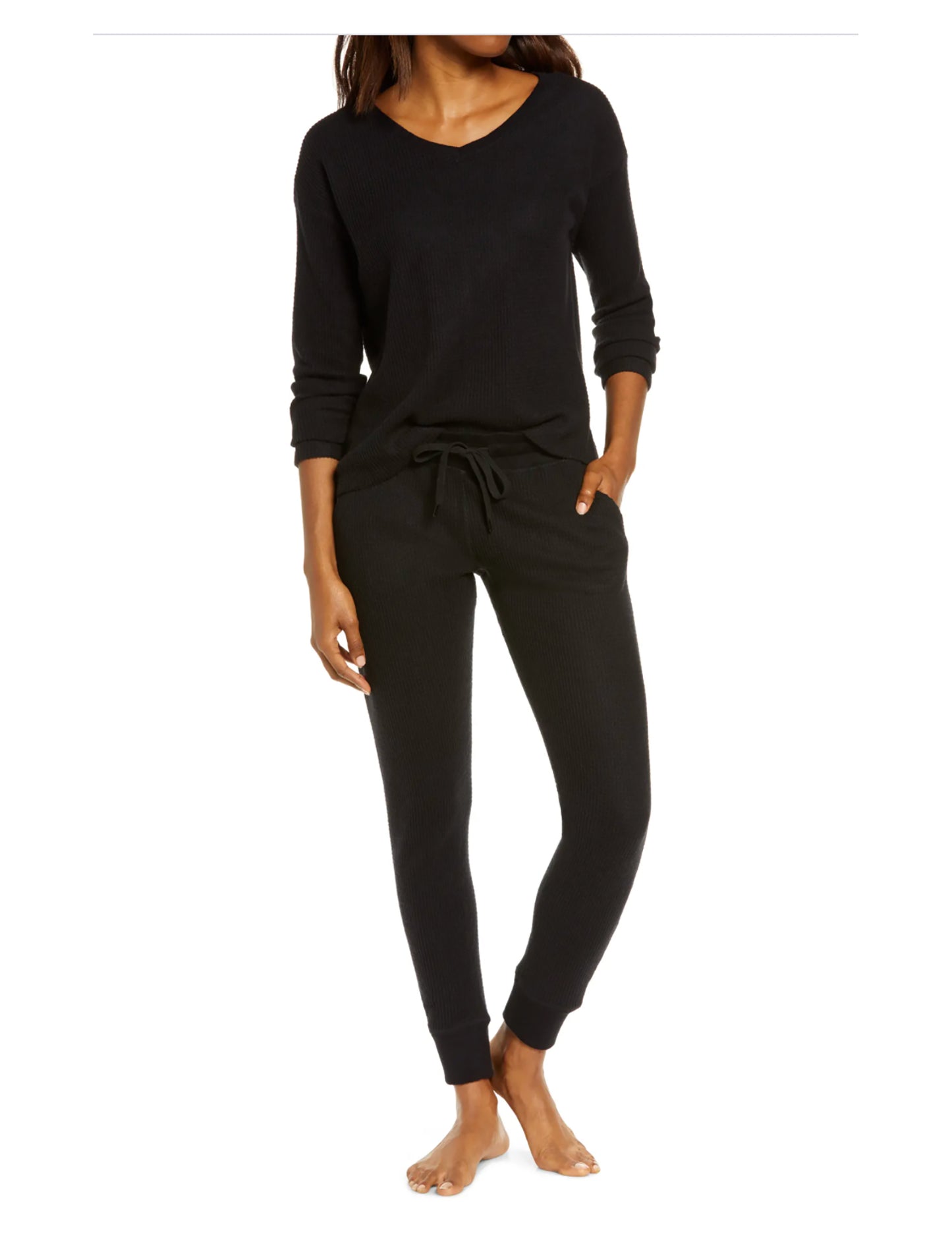 Super Soft Waffle V-Neck Long Sleeve Top in Black