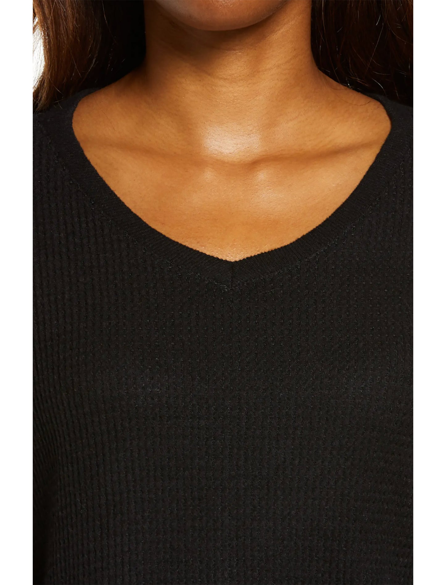 Super Soft Waffle V-Neck Long Sleeve Top in Black