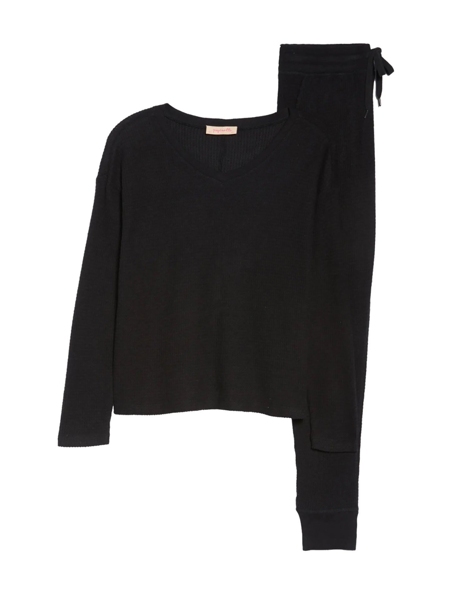 Super Soft Waffle V-Neck Long Sleeve Top in Black