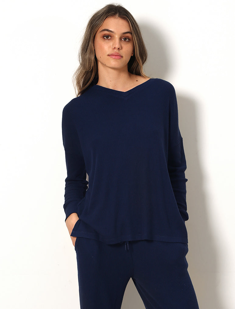 Soft Touch Rib V-Neck LS Top