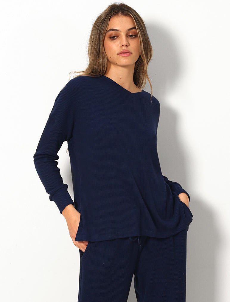 Soft Touch Rib V-Neck LS Top