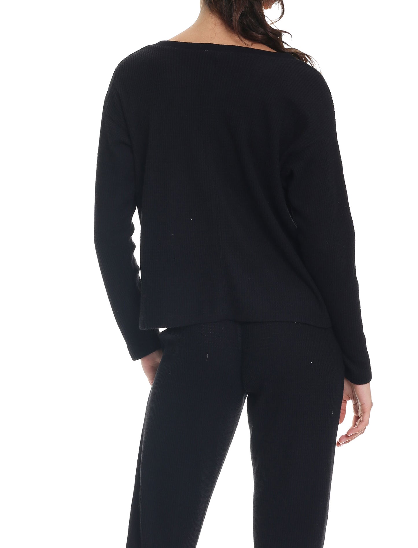 Super Soft Waffle V-Neck Long Sleeve Top in Black