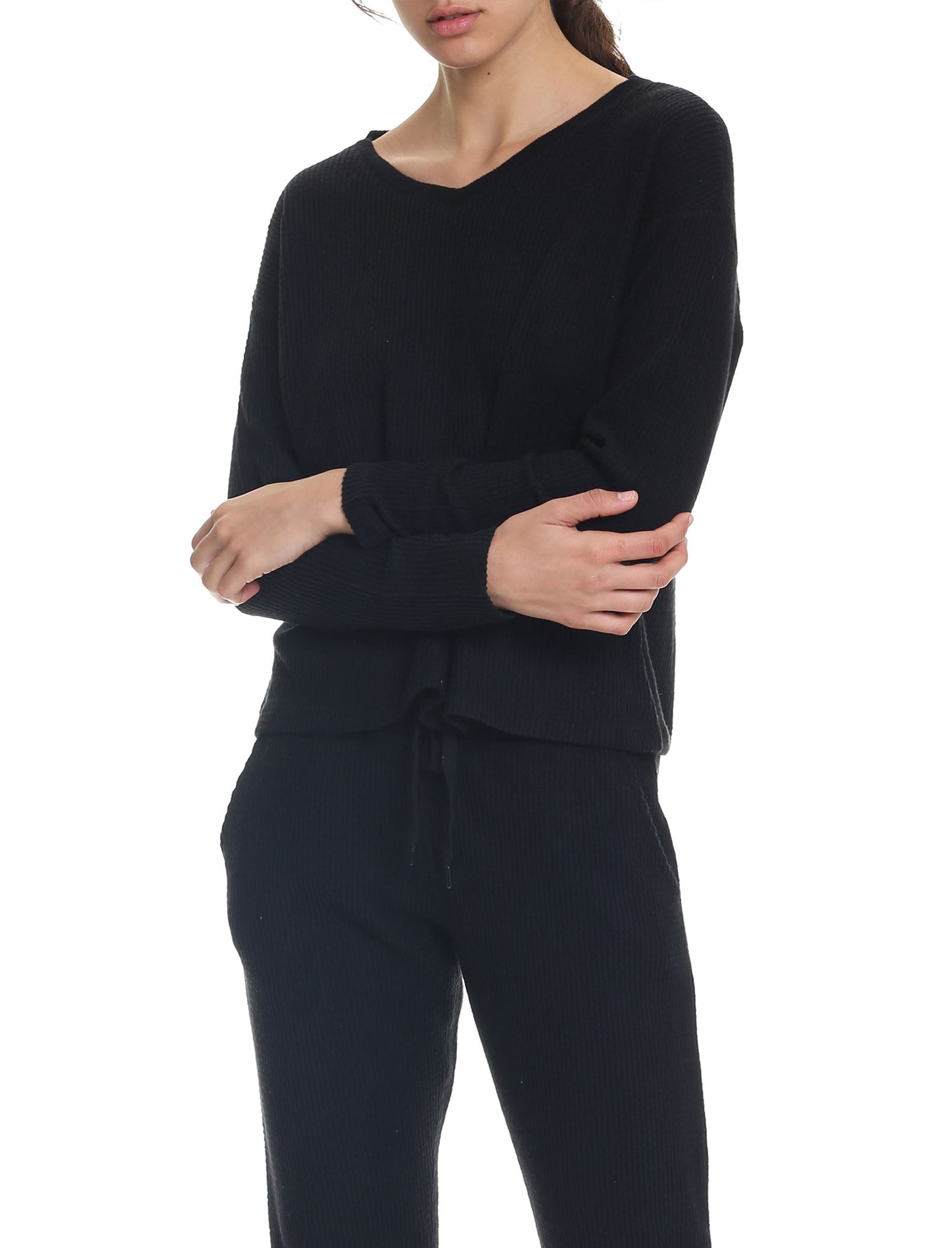 Super Soft Waffle V-Neck Long Sleeve Top in Black