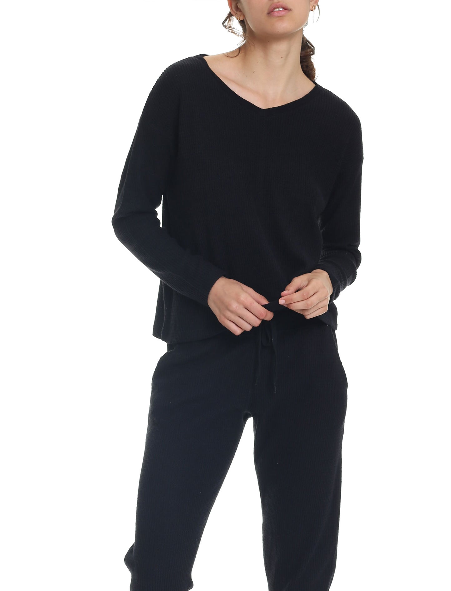 Super Soft Waffle V-Neck Long Sleeve Top in Black