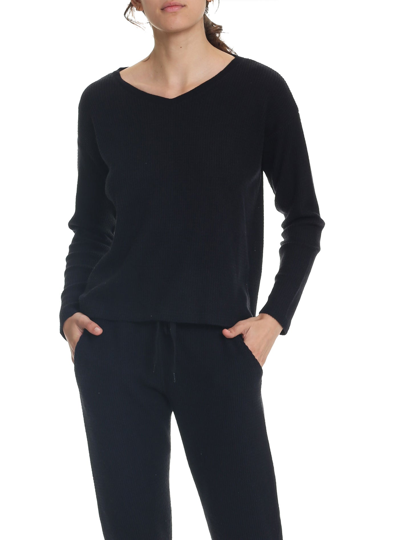 Super Soft Waffle V-Neck Long Sleeve Top in Black
