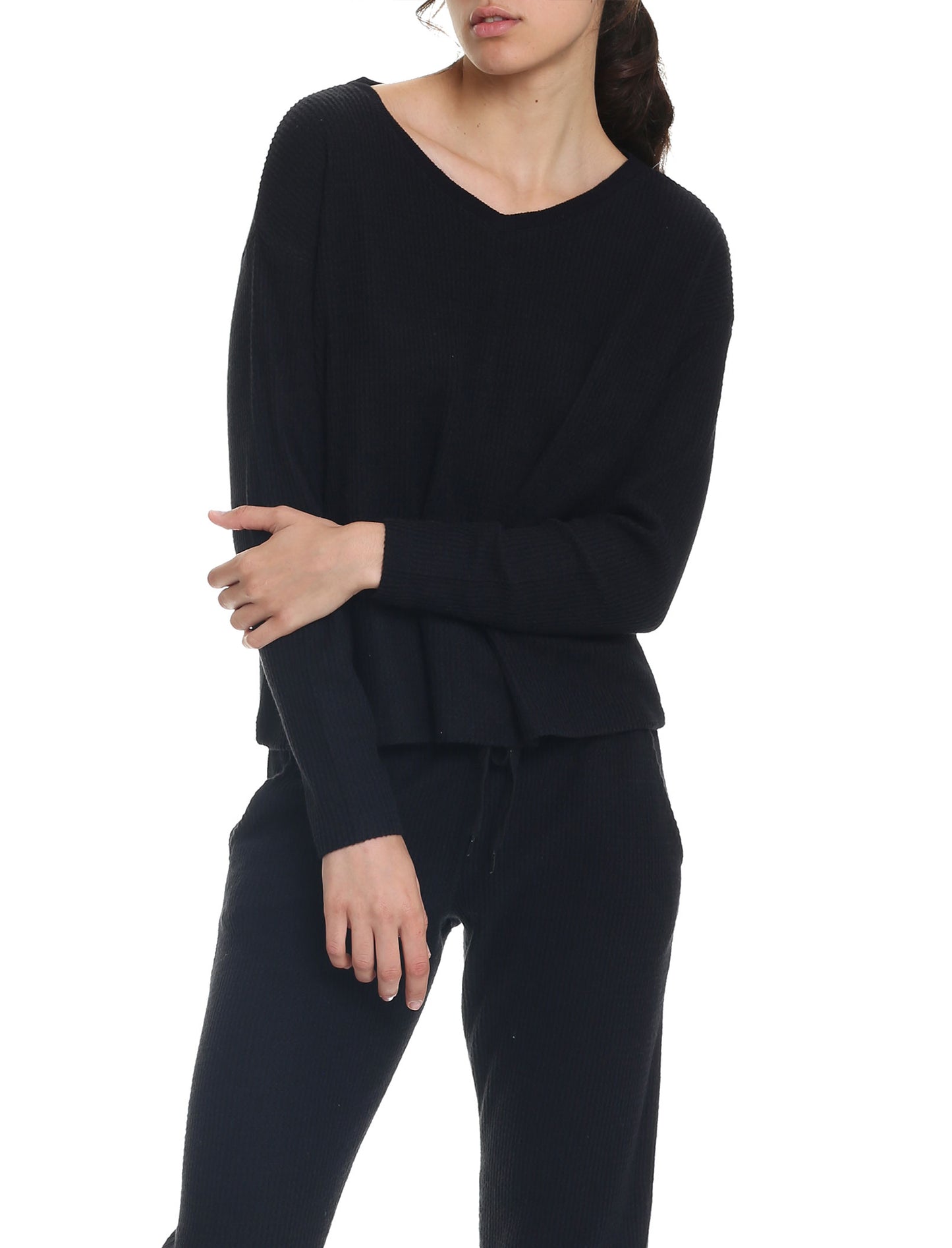Super Soft Waffle V-Neck Long Sleeve Top in Black
