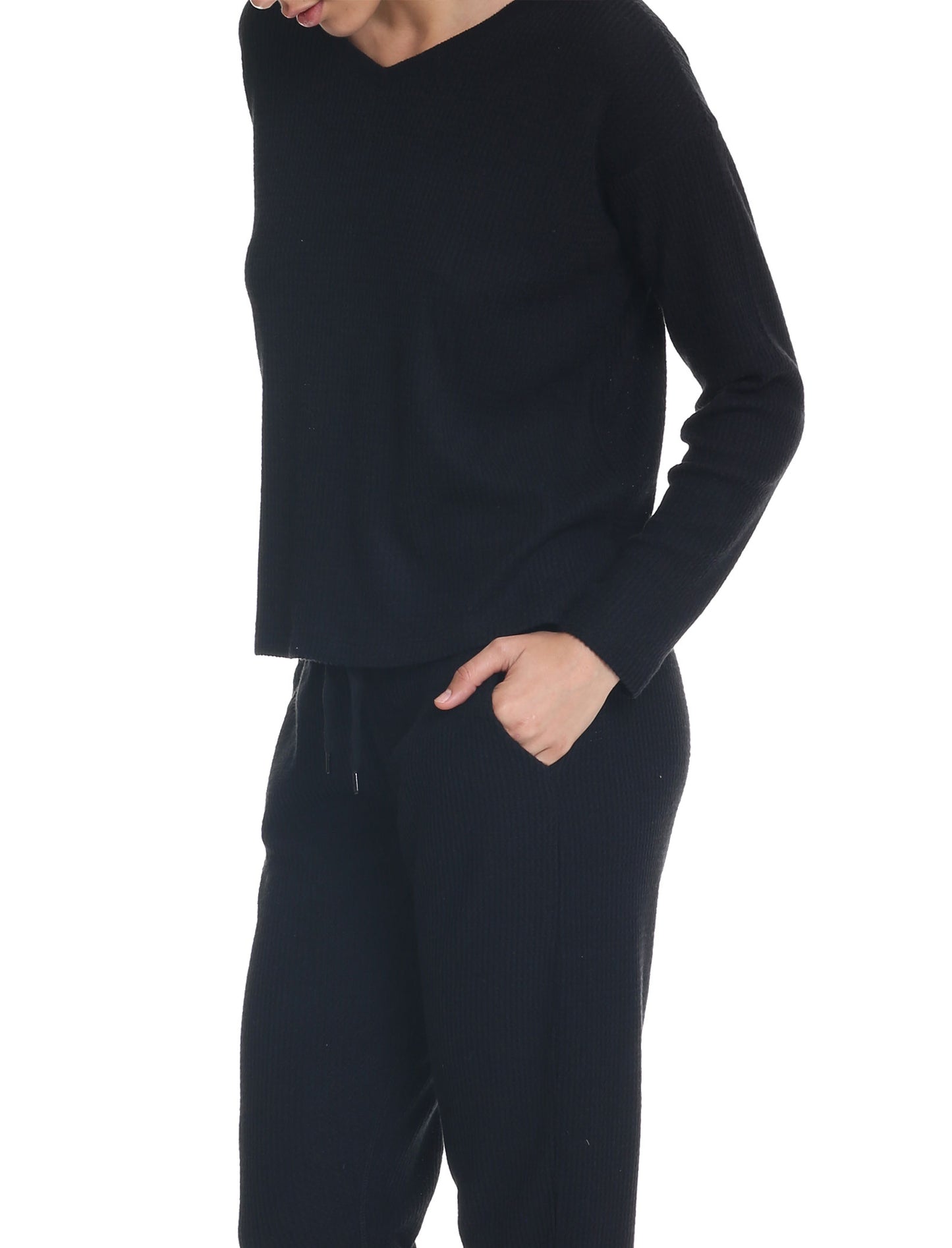Super Soft Waffle V-Neck Long Sleeve Top in Black