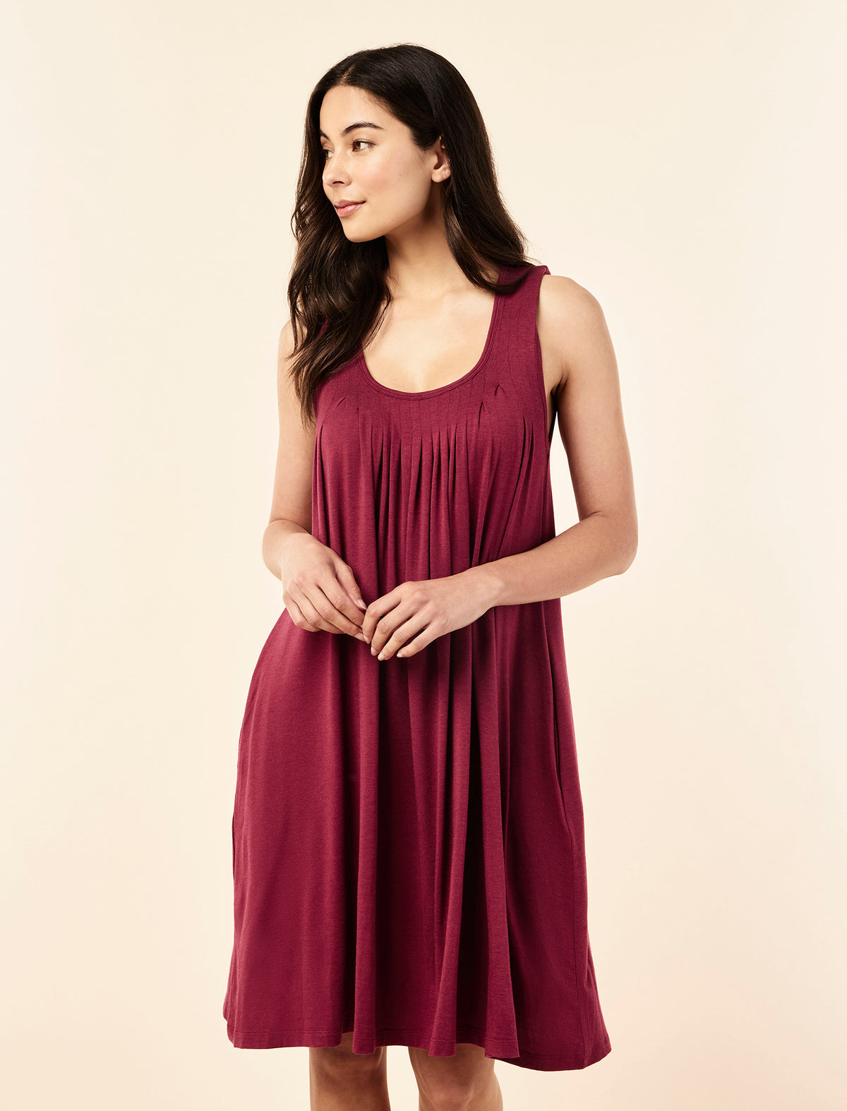 Sakura wearing the Kate Modal Soft Pleat Front Nightie
[model: Sakura wears size S |  Height: 173cm/ 5’8” | Bust: 81cm | Waist: 64cm | Hips: 89cm]