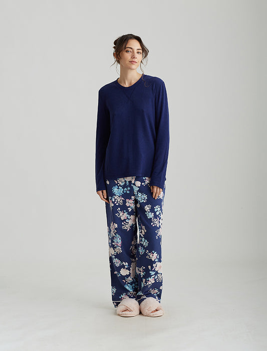 Alice Floral Pant and Feather Soft Long Sleeve Top in Navy