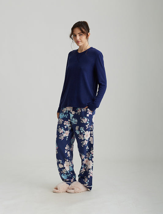 Alice Floral Pant and Feather Soft Long Sleeve Top in Navy
