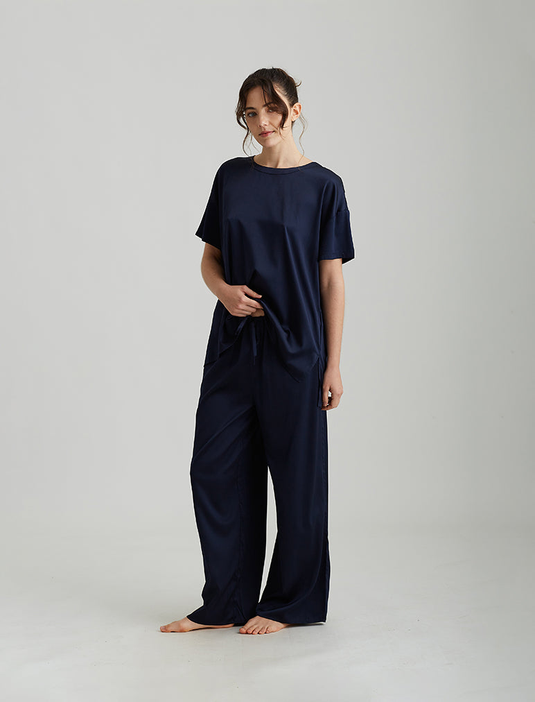 Eloise Stretch Silk Full Length Wide Leg Pant