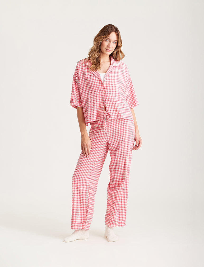 Seersucker Gingham Short Sleeve Full Length PJs