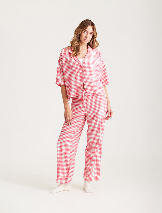 Seersucker Gingham Short Sleeve Full Length PJs