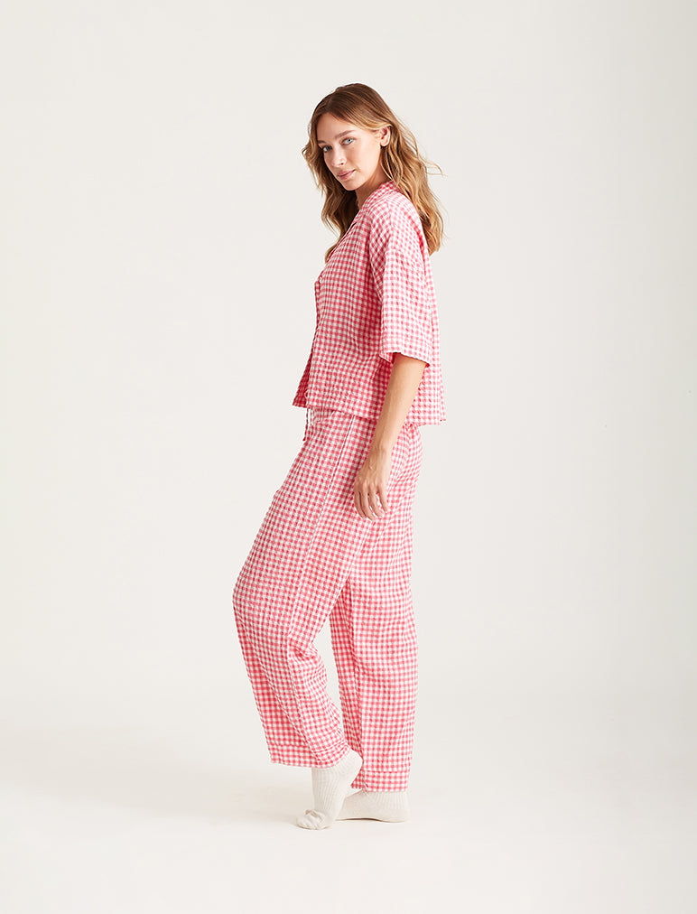 Seersucker Gingham Short Sleeve Full Length PJs