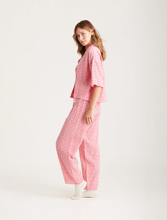 Seersucker Gingham Short Sleeve Full Length PJs