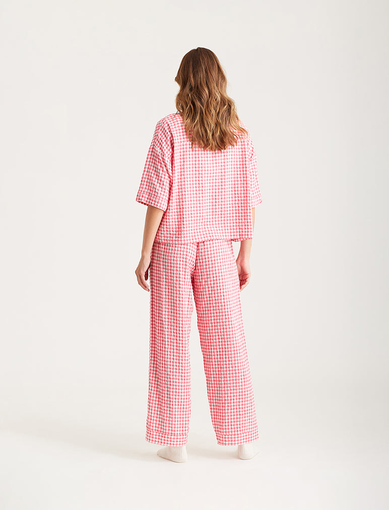 Seersucker Gingham Short Sleeve Full Length PJs