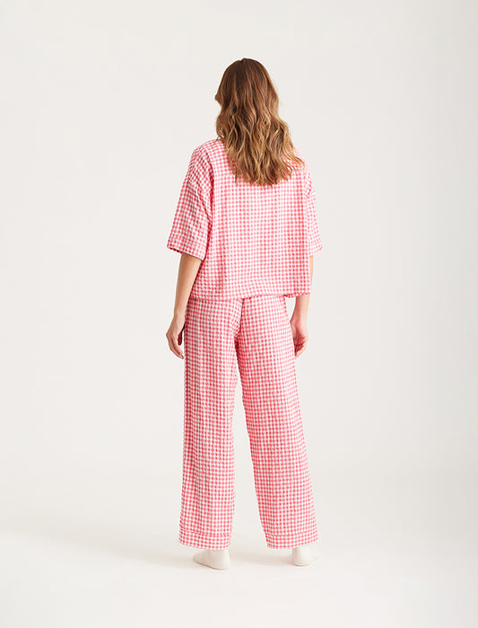 Seersucker Gingham Short Sleeve Full Length PJs