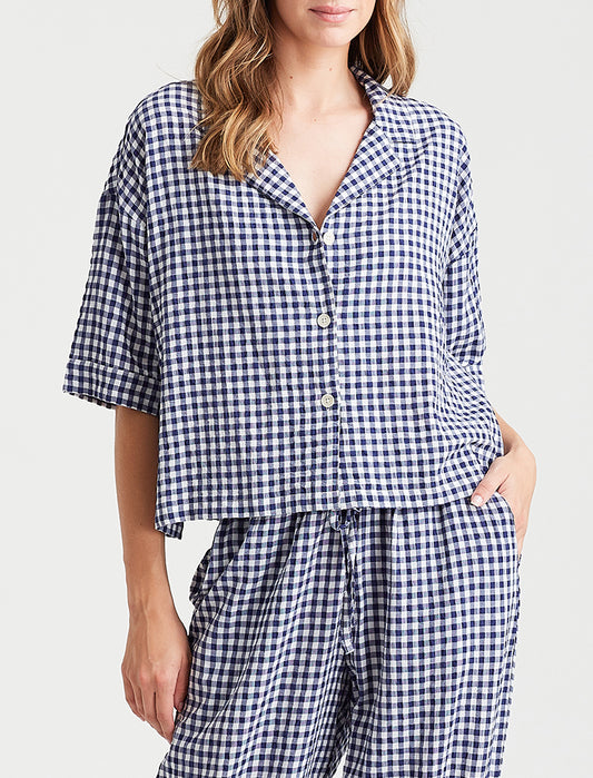 Seersucker Gingham Short Sleeve Full Length PJs
