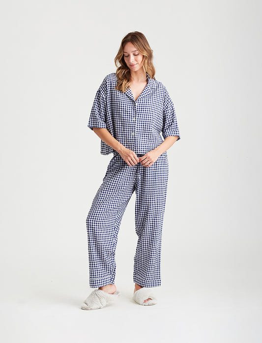 Seersucker Gingham Short Sleeve Full Length PJs