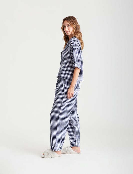 Seersucker Gingham Short Sleeve Full Length PJs