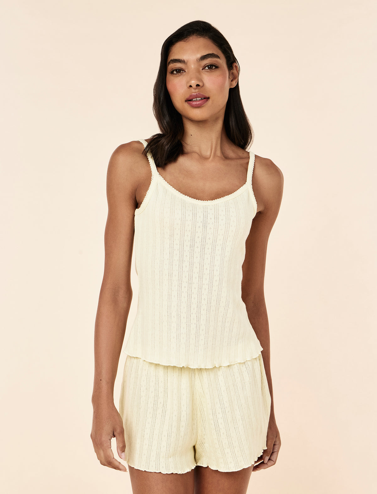 Cece wearing the Imogen Pointelle Cami
[model: Cece wears size S |  Height: 178cm
/ 5’10” | Bust: 76cm | Waist: 61cm | Hips: 89cm]