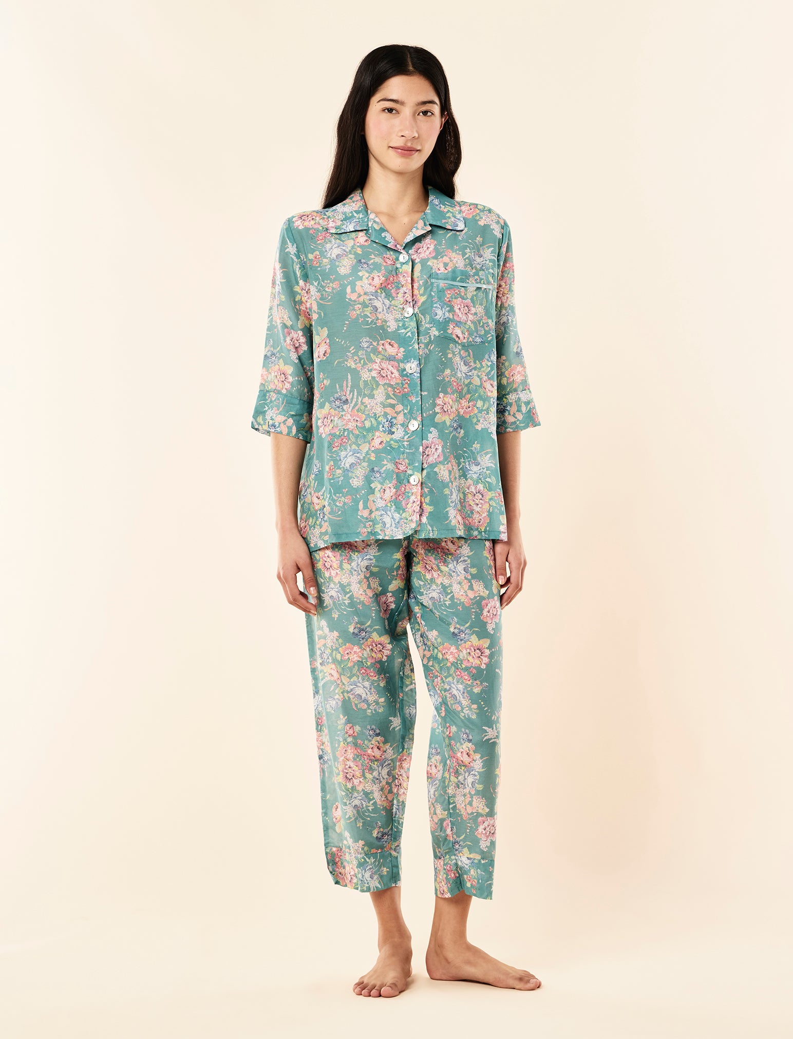 Zoey wearing the Elise Crop PJ Set
[model: Zoey wears size XS |  Height: 172cm/ 5’7” | Bust: 80cm | Waist: 62cm | Hips: 89.5cm]