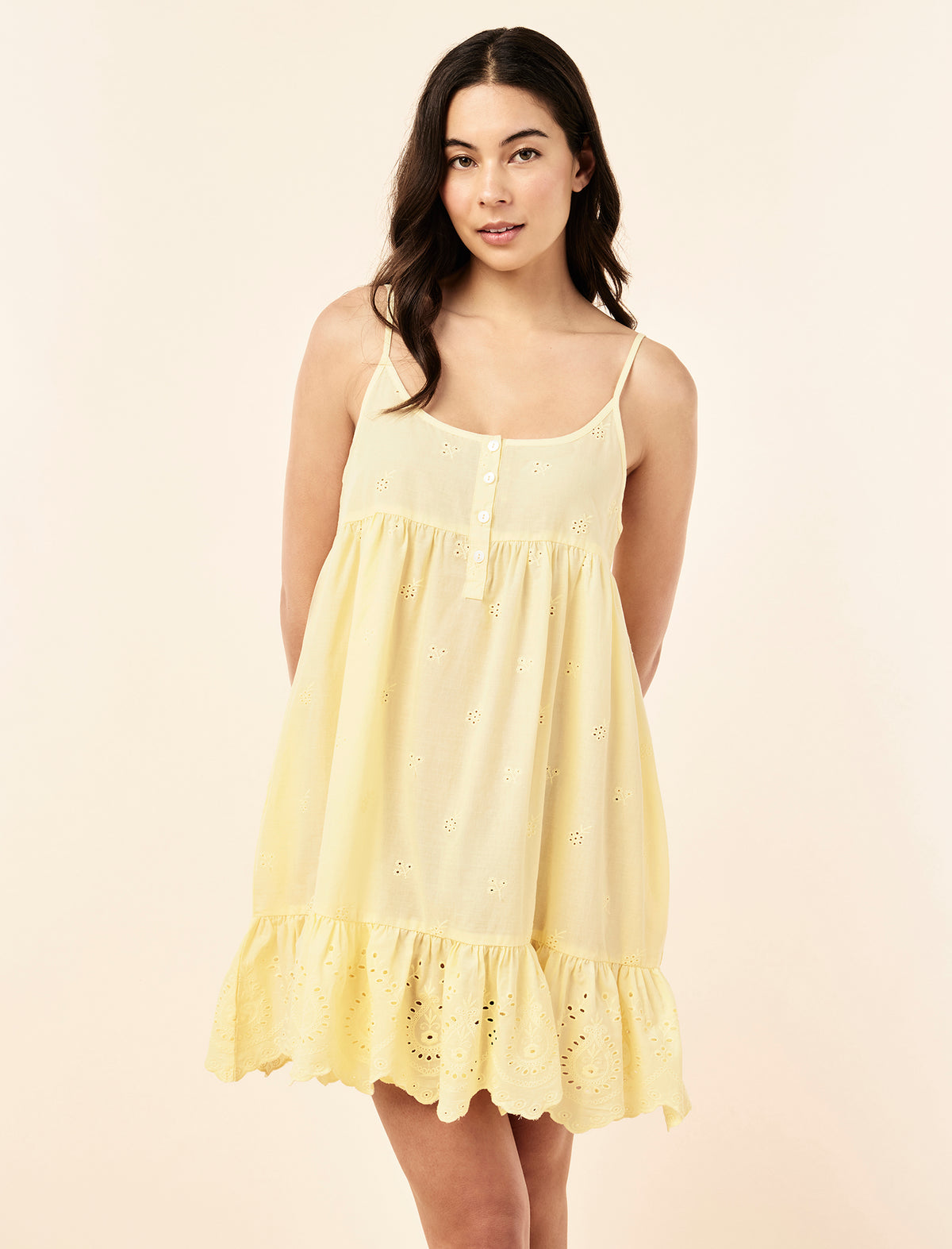 Sakura wearing the Isabella Strappy Frill Hem Nightie
[model: Sakura wears size S |  Height: 173cm/ 5’8” | Bust: 81cm | Waist: 64cm | Hips: 89cm]