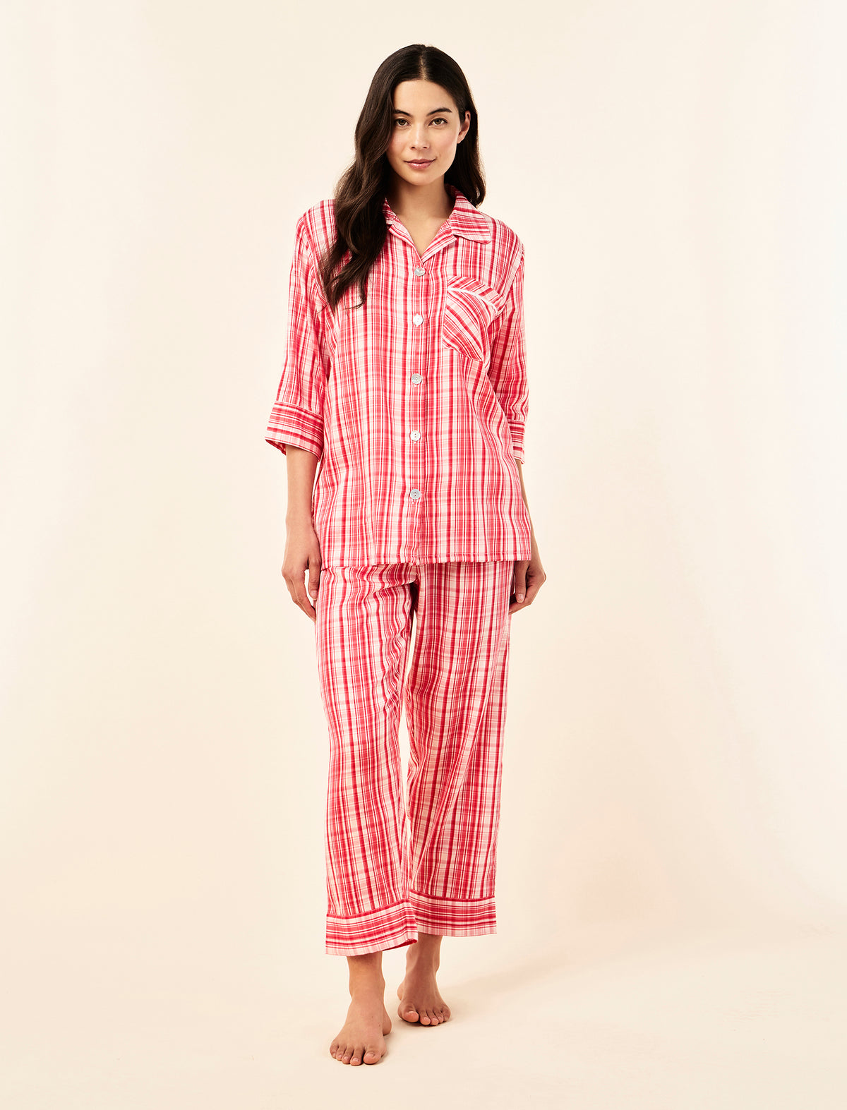 Sakura wearing the Noelle Plaid Crop PJ Set
[model: Sakura wears size S |  Height: 173cm/ 5’8” | Bust: 81cm | Waist: 64cm | Hips: 89cm]