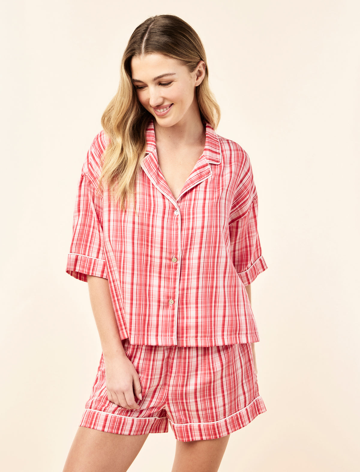 Yasmin wearing the Noelle Plaid Boxer PJ Set