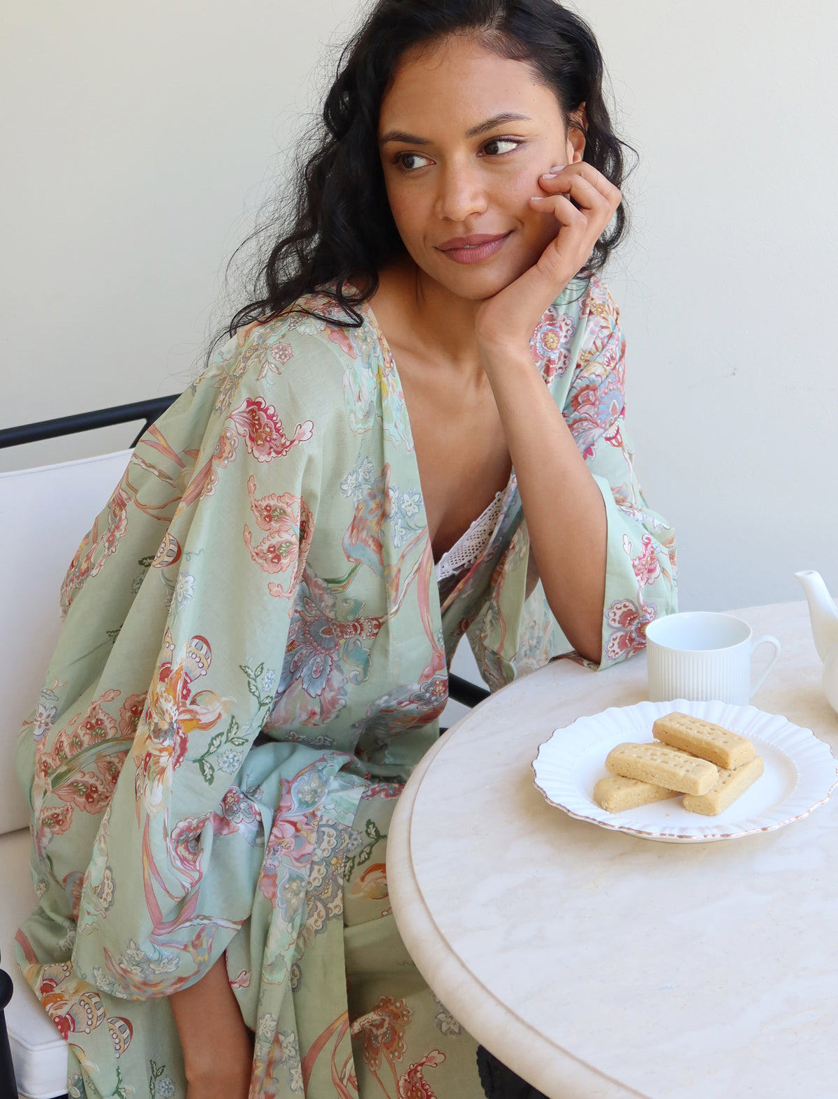 Michelle wearing the Coco Kimono Maxi Robe
[model: Michelle wears size S |  Height: 177cm/ 5’9” | Bust: 80cm | Waist: 62cm | Hips: 90cm]