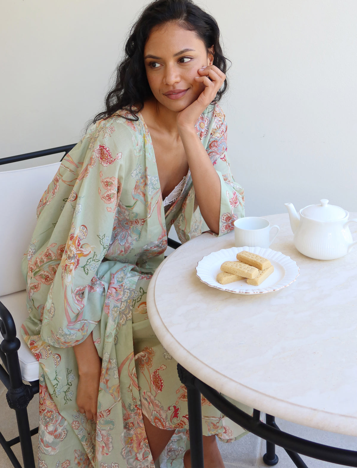 Michelle wearing the Coco Kimono Maxi Robe
[model: Michelle wears size S |  Height: 177cm/ 5’9” | Bust: 80cm | Waist: 62cm | Hips: 90cm]