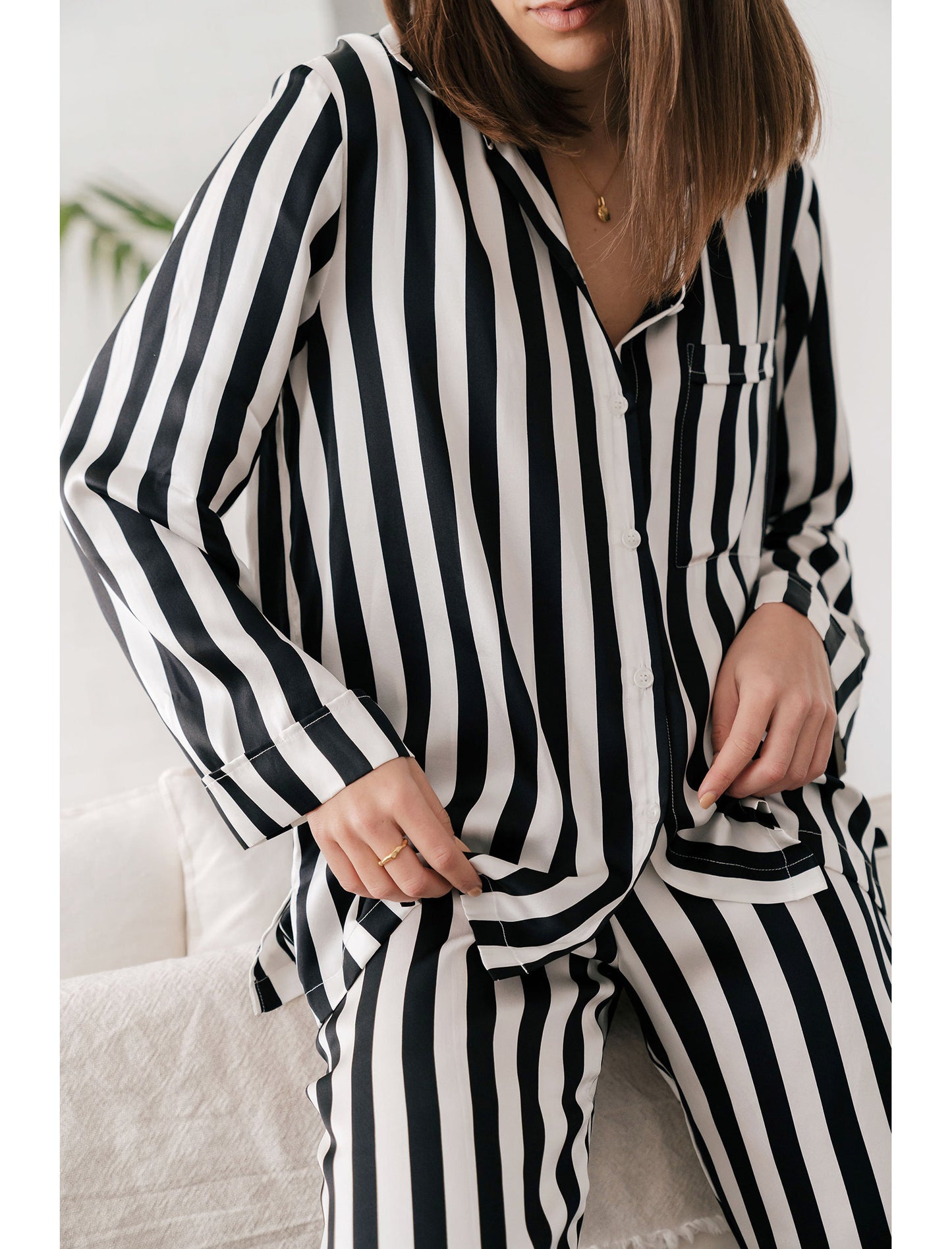 Pure Silk Stripe PJ Shirt in Black & White Stripe
