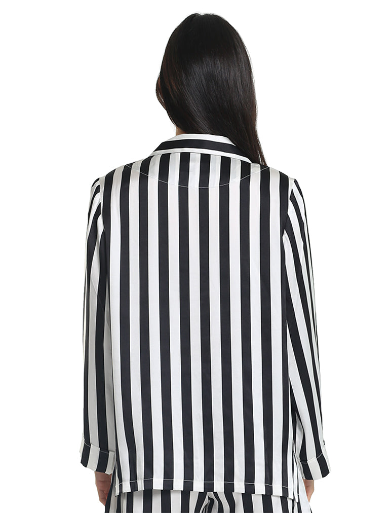 Pure Silk Stripe PJ Shirt in Black & White Stripe