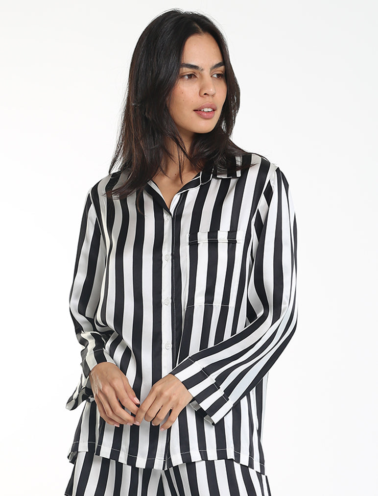 Pure Silk Stripe PJ Shirt in Black & White Stripe