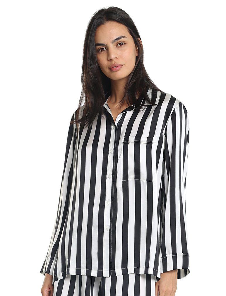 Pure Silk Stripe PJ Shirt in Black & White Stripe