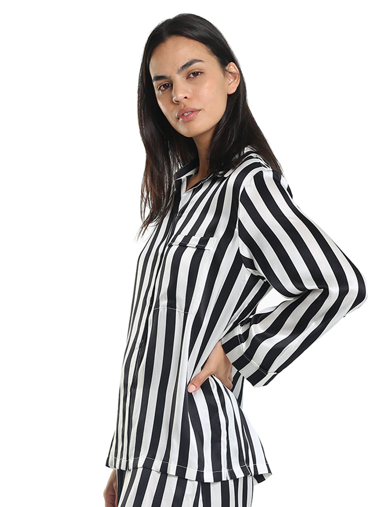 Pure Silk Stripe PJ Shirt in Black & White Stripe