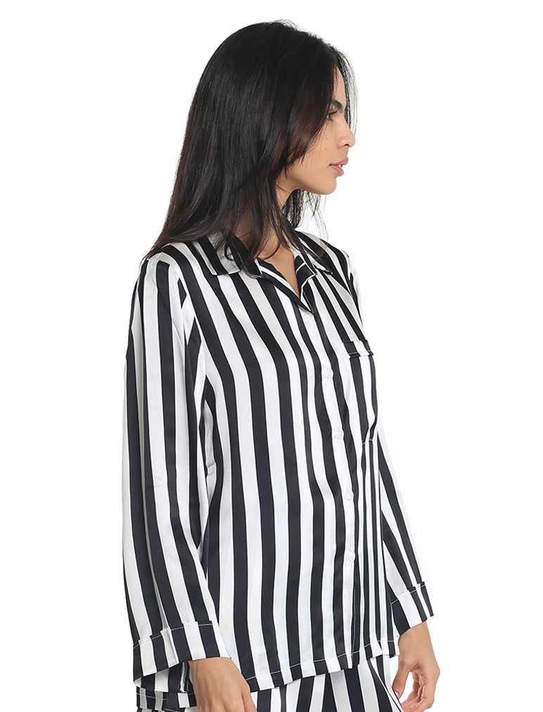 Pure Silk Stripe PJ Shirt in Black & White Stripe